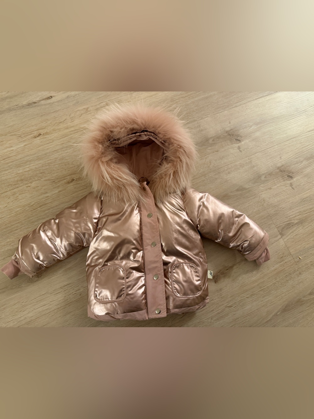 Bondoux Bebe Metallic Pink Hooded Puffer Jacket with Faux Fur Trim